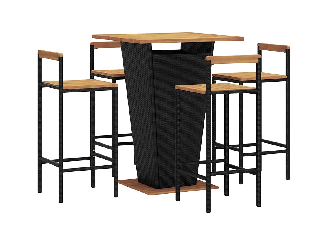 Trinja  Ensemble de bar jardin 5 pcs noir poly rotin/bois massif acacia