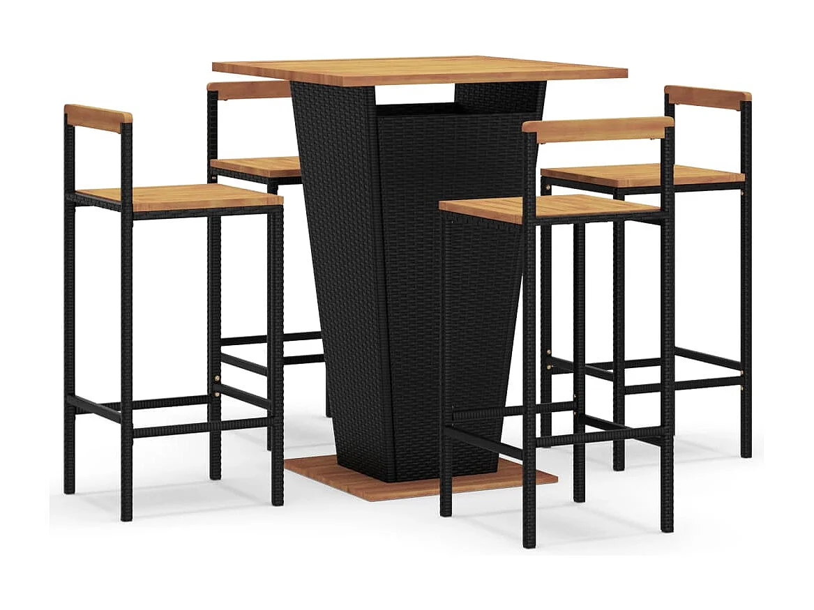 Trinja  Mesa bar y taburetes jardín 5 pzas madera acacia ratán PE negro