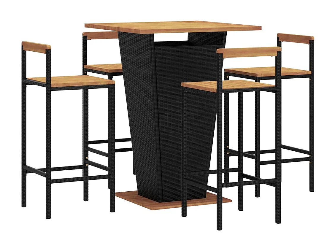 Trinja  Mesa bar y taburetes jardín 5 pzas madera acacia ratán PE negro