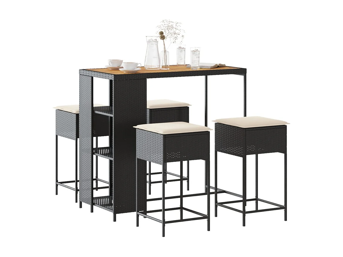 Kella  Ensemble de bar de jardin 5 pcs avec coussins noir poly rotin