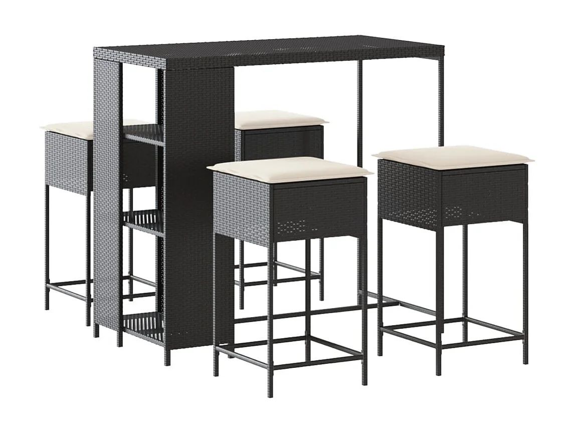 Kella  Ensemble de bar de jardin 5 pcs avec coussins noir poly rotin