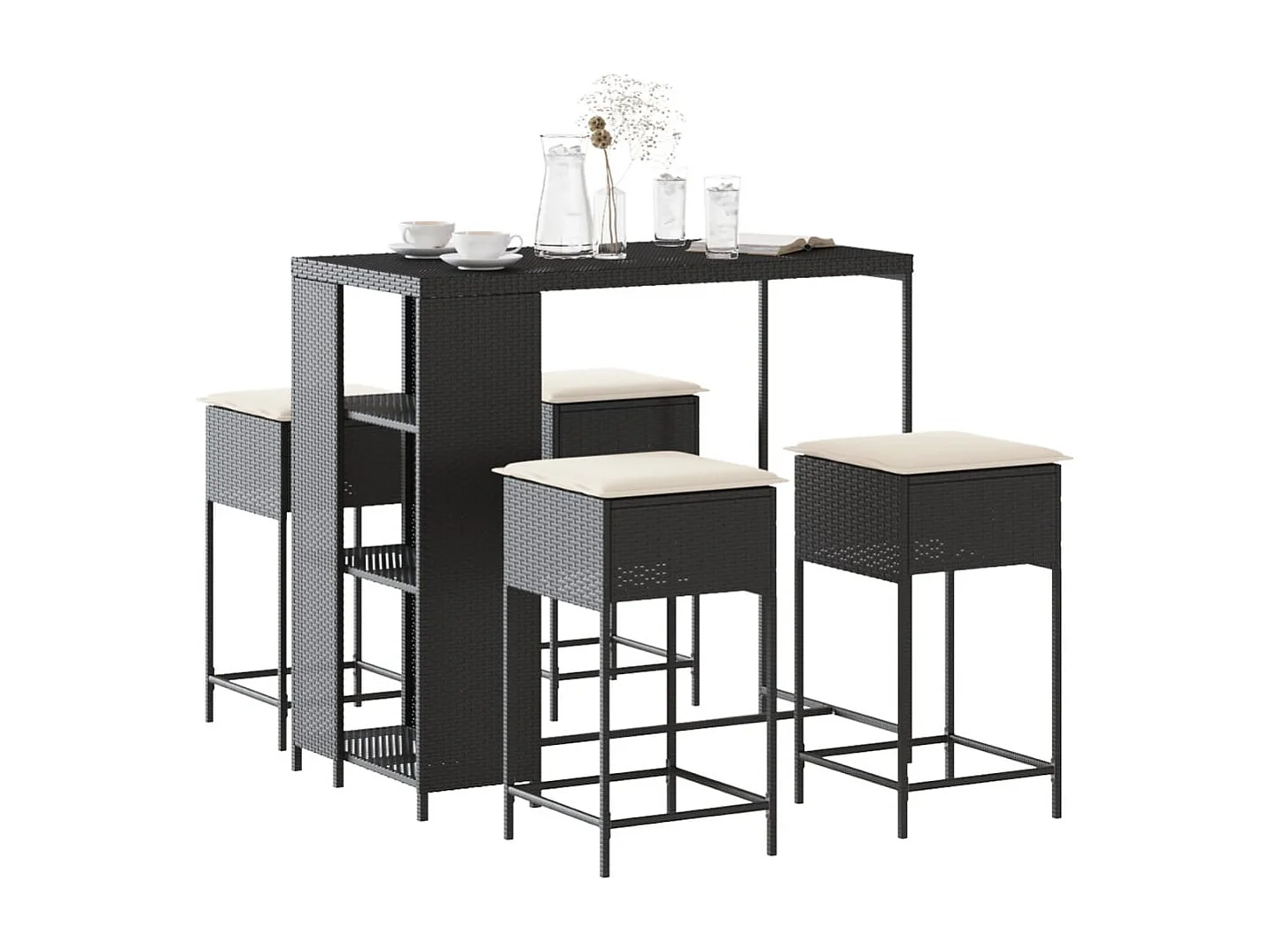 Kella  Ensemble de bar de jardin 5 pcs avec coussins noir poly rotin