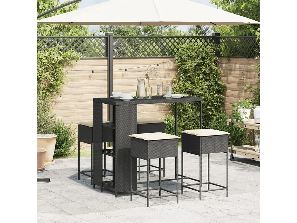 Kella  Ensemble de bar de jardin 5 pcs avec coussins noir poly rotin
