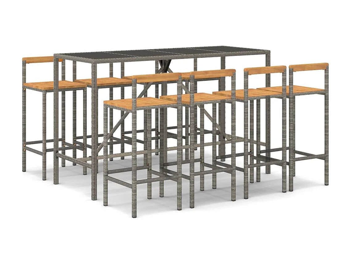 Arcata  Ensemble de bar jardin 9 pcs gris poly rotin/bois massif acacia
