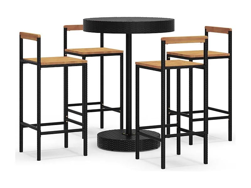 Tammisaari  Mesa bar y taburetes jardín 5 pzas madera acacia ratán PE negro