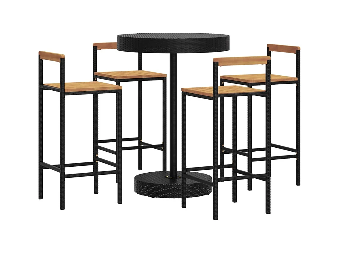 Tammisaari  Ensemble de bar jardin 5 pcs noir poly rotin/bois massif acacia