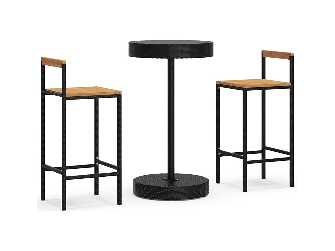 Tammisaari  Ensemble de bar jardin 3 pcs noir poly rotin/bois massif acacia