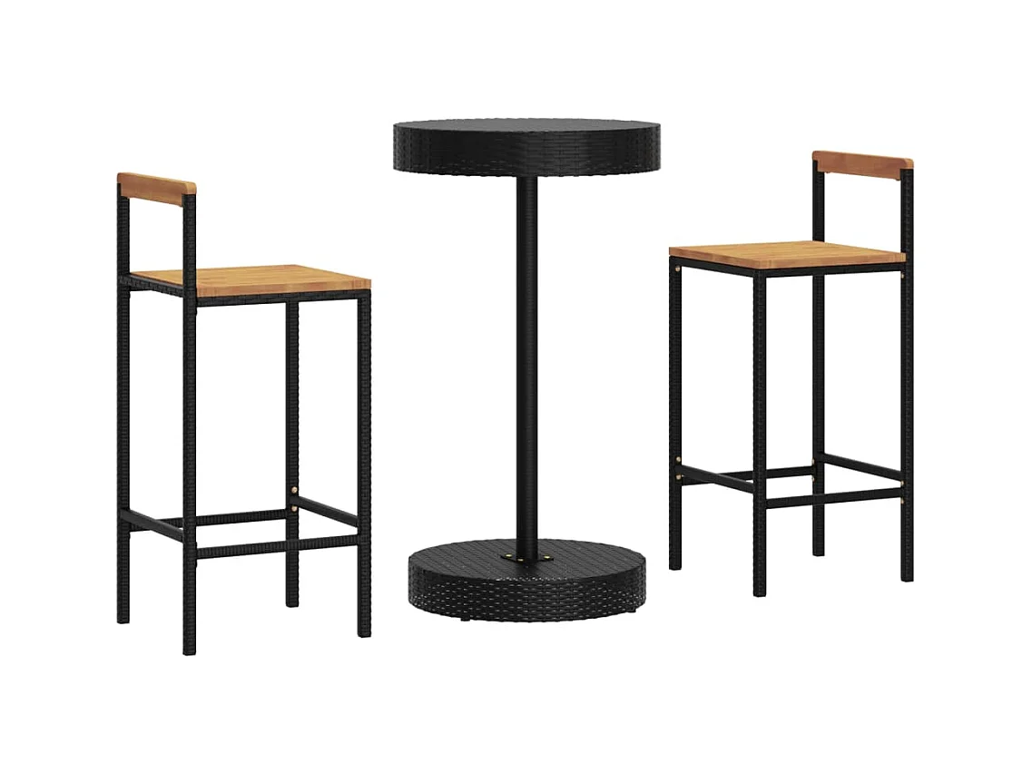Tammisaari  Ensemble de bar jardin 3 pcs noir poly rotin/bois massif acacia