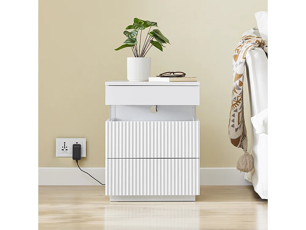 SoBuy stolik nocny z 3 szufladami LED, 3 kolory światła, biały