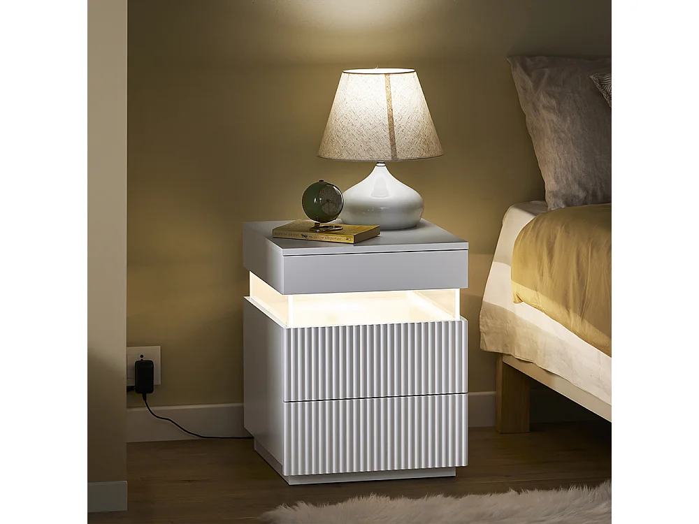 SoBuy stolik nocny z 3 szufladami LED, 3 kolory światła, biały