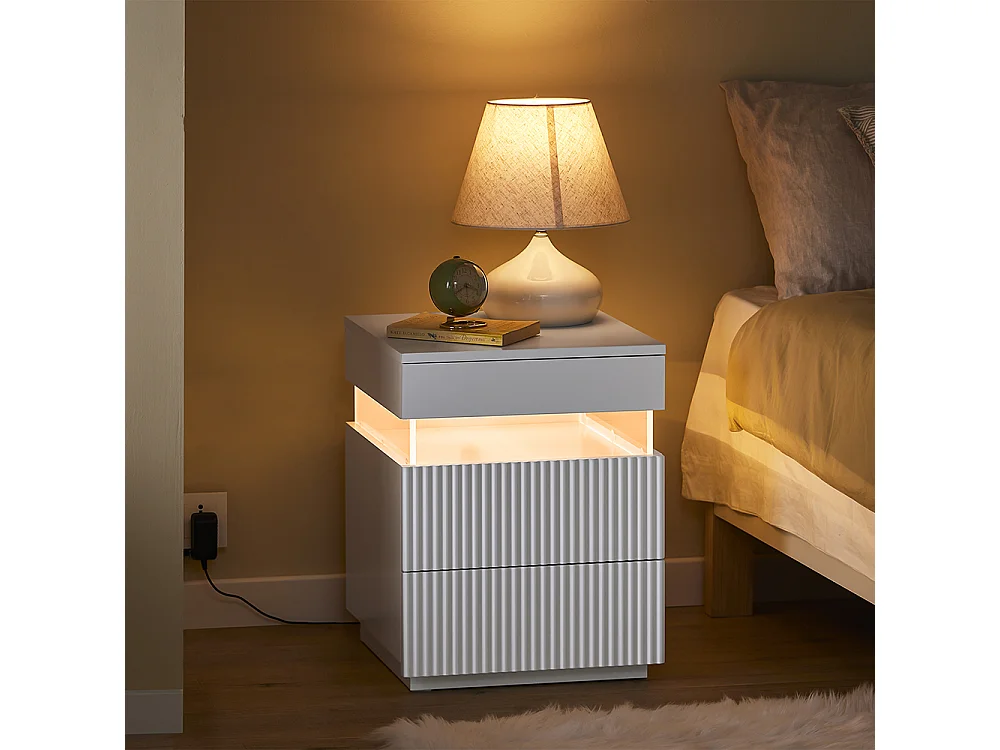 SoBuy stolik nocny z 3 szufladami LED, 3 kolory światła, biały