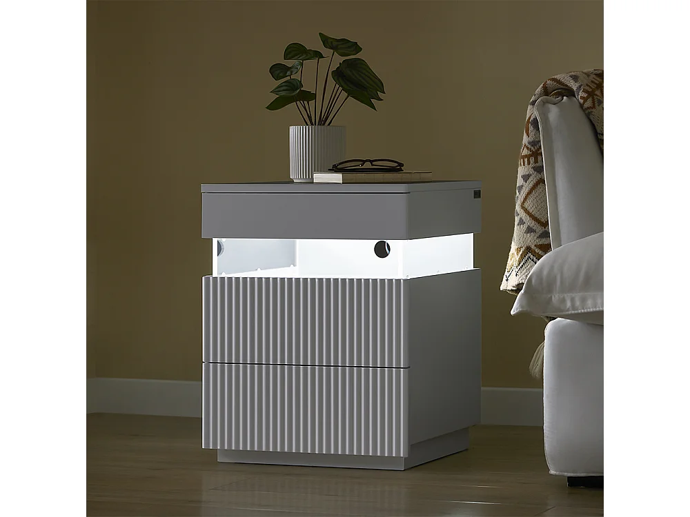 SoBuy stolik nocny z 3 szufladami LED, 3 kolory światła, biały