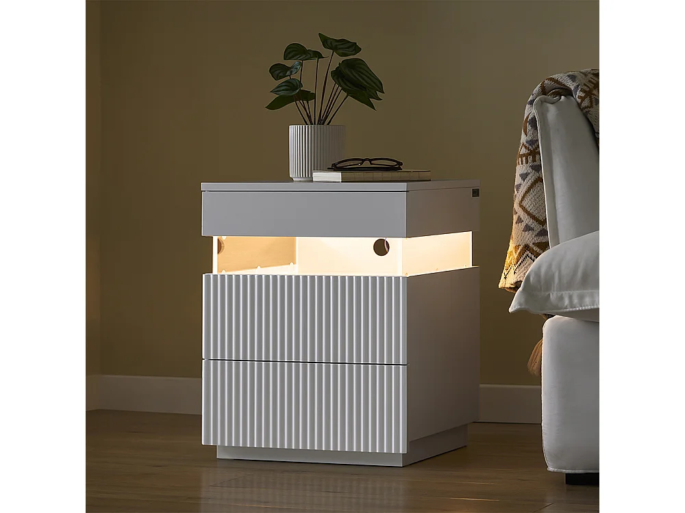 SoBuy stolik nocny z 3 szufladami LED, 3 kolory światła, biały