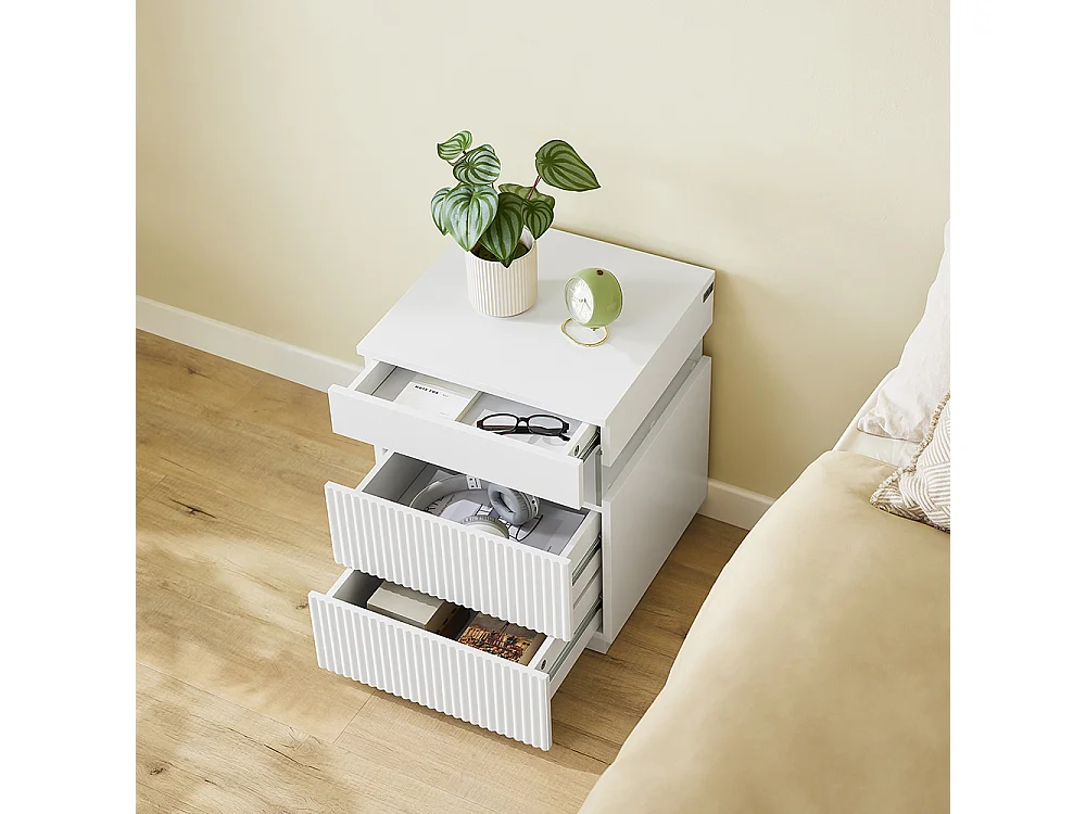 SoBuy stolik nocny z 3 szufladami LED, 3 kolory światła, biały