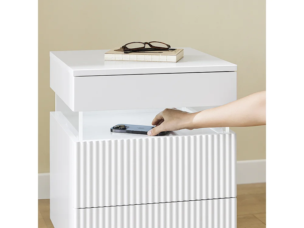 SoBuy stolik nocny z 3 szufladami LED, 3 kolory światła, biały