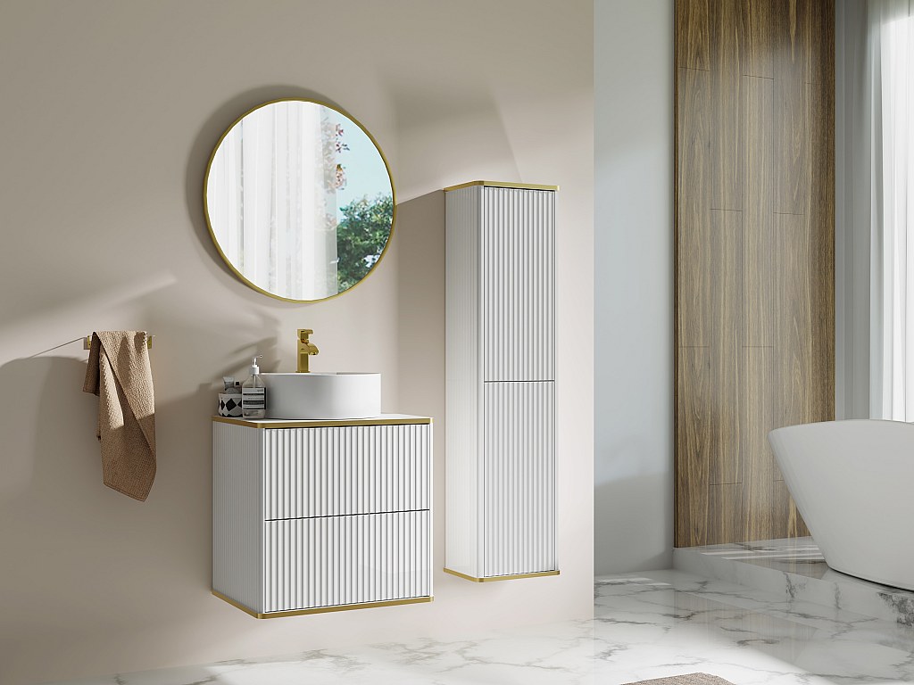 Meuble de salle de bain suspendu strié avec vasque à poser ronde et colonne - Blanc - 60 cm - KELIZA