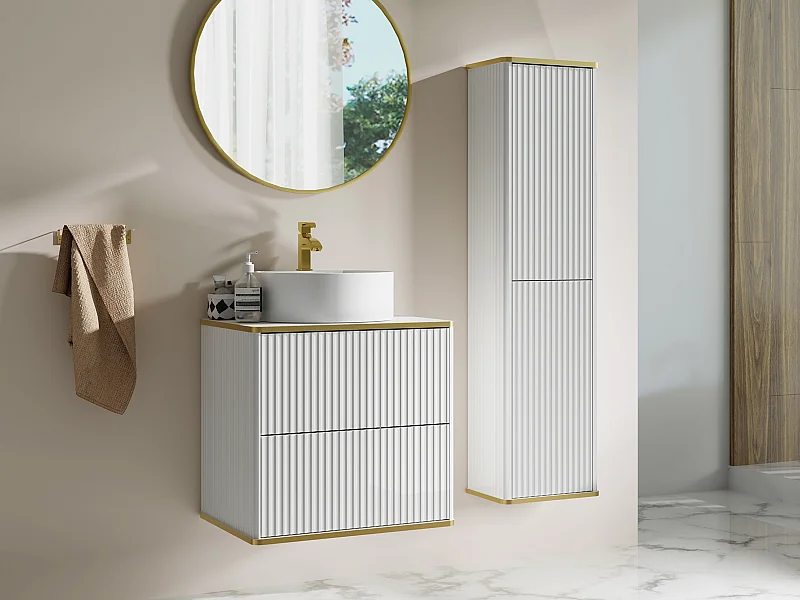 Waschbeckenunterschrank hängend mit rundem Aufsatzwaschbecken und Säule - Streifenoptik - Weiß - 60 cm - KELIZA