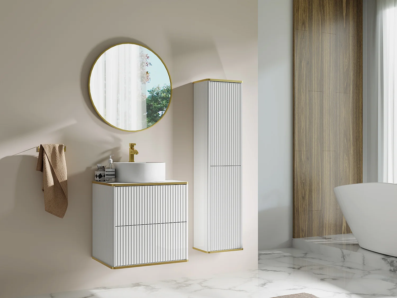 Meuble de salle de bain suspendu strié avec vasque à poser ronde et colonne - Blanc - 60 cm - KELIZA