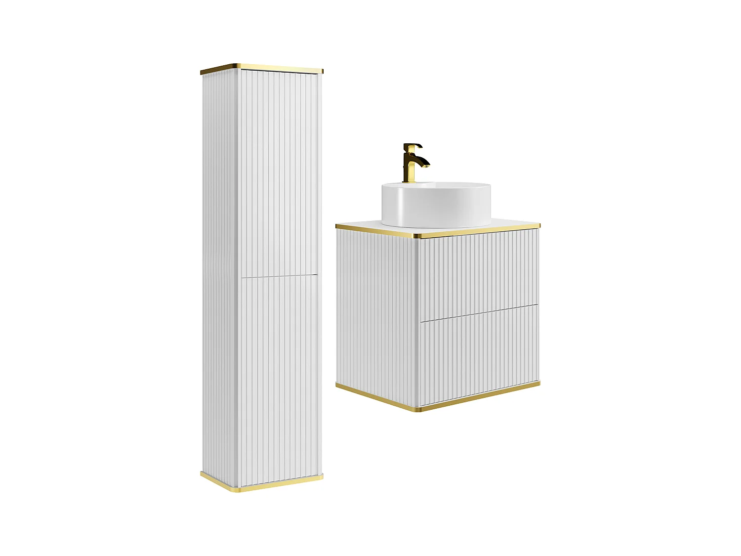 Meuble de salle de bain suspendu strié avec vasque à poser ronde et colonne - Blanc - 60 cm - KELIZA