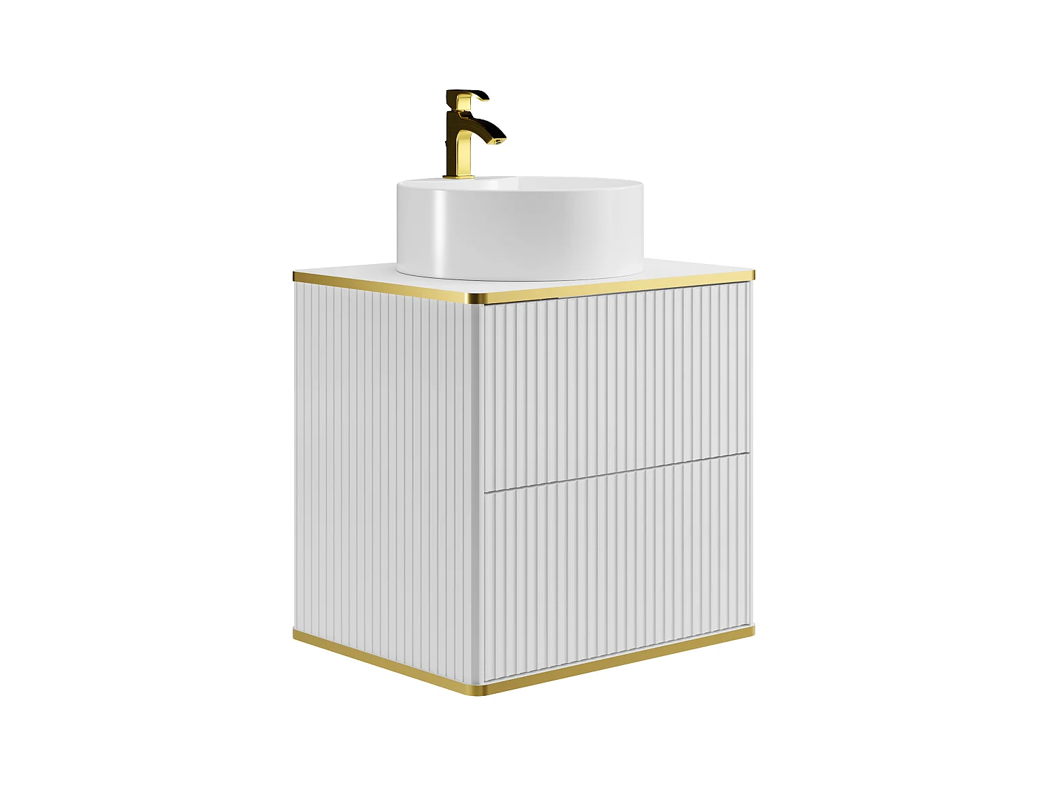 Meuble de salle de bain suspendu strié avec vasque à poser ronde et colonne - Blanc - 60 cm - KELIZA