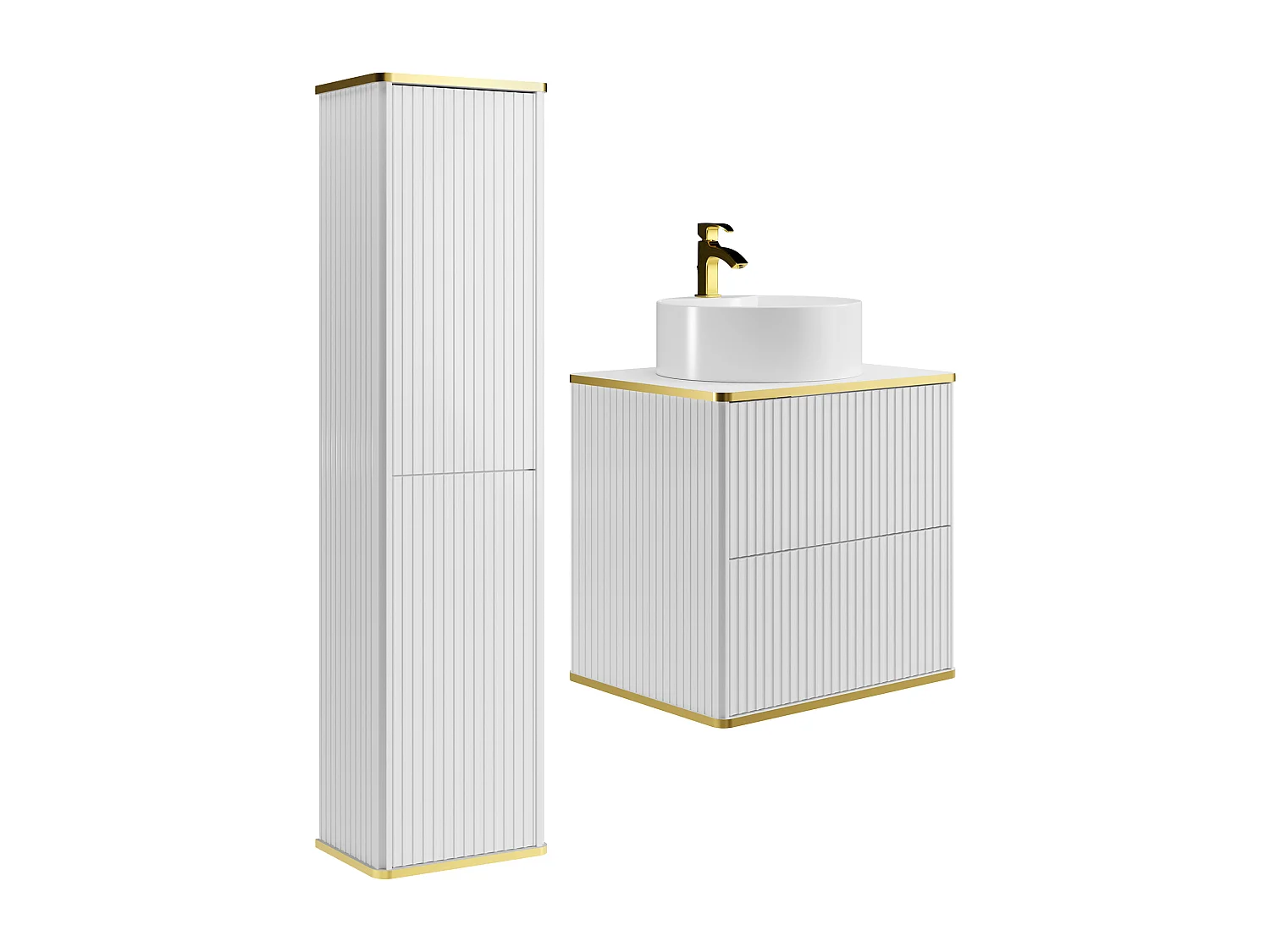 Meuble de salle de bain suspendu strié avec vasque à poser ronde et colonne - Blanc - 60 cm - KELIZA