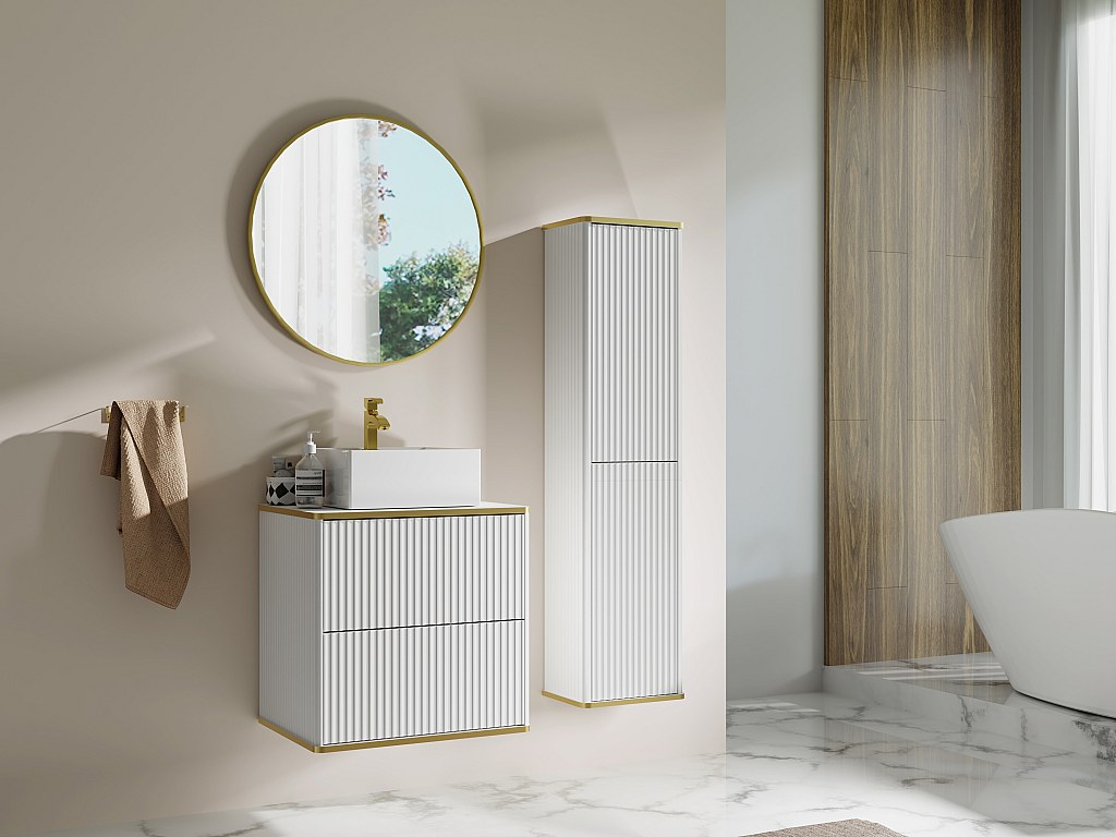 Meuble de salle de bain suspendu strié avec vasque à poser carrée et colonne - Blanc - 60 cm - KELIZA