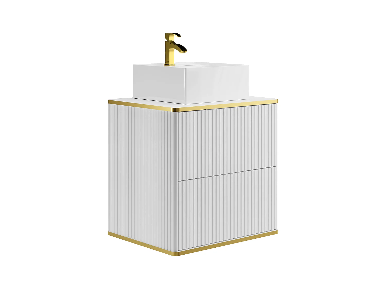 Meuble de salle de bain suspendu strié avec vasque à poser carrée et colonne - Blanc - 60 cm - KELIZA