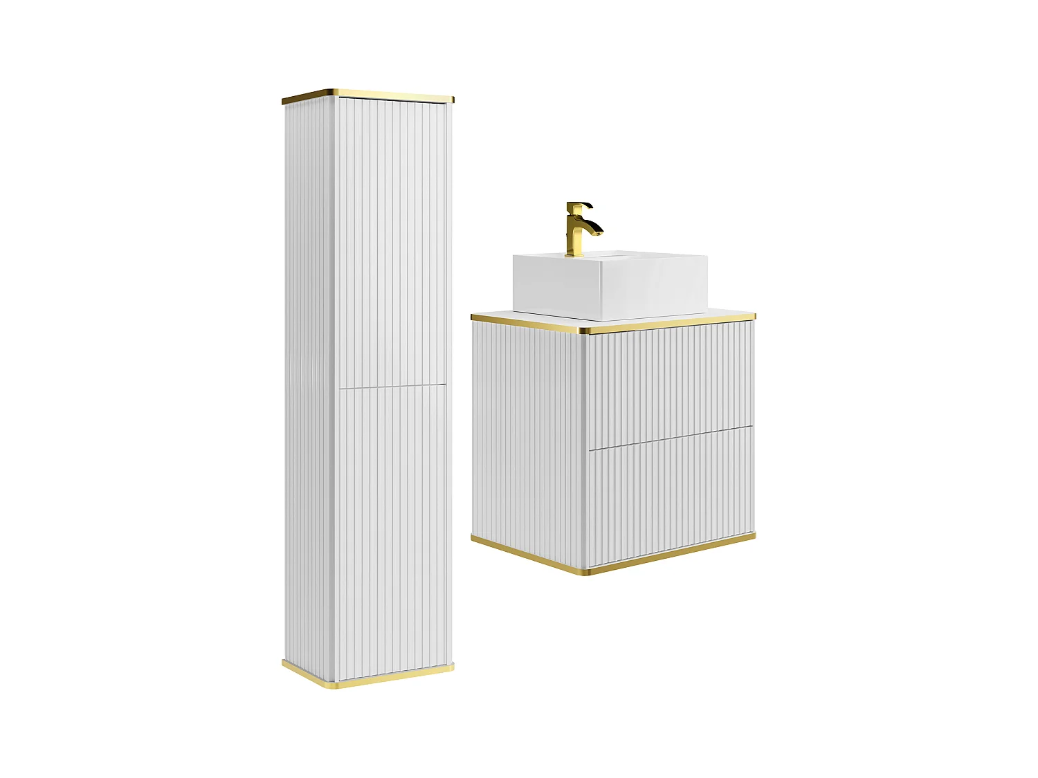 Meuble de salle de bain suspendu strié avec vasque à poser carrée et colonne - Blanc - 60 cm - KELIZA