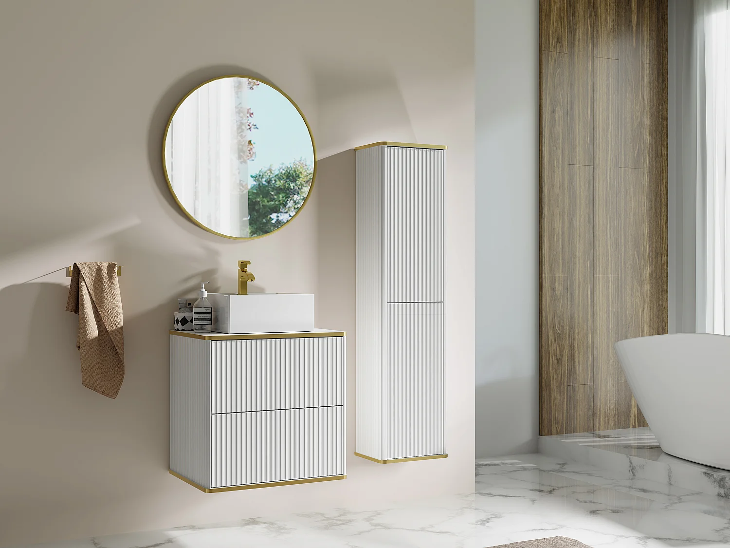 Meuble de salle de bain suspendu strié avec vasque à poser carrée et colonne - Blanc - 60 cm - KELIZA