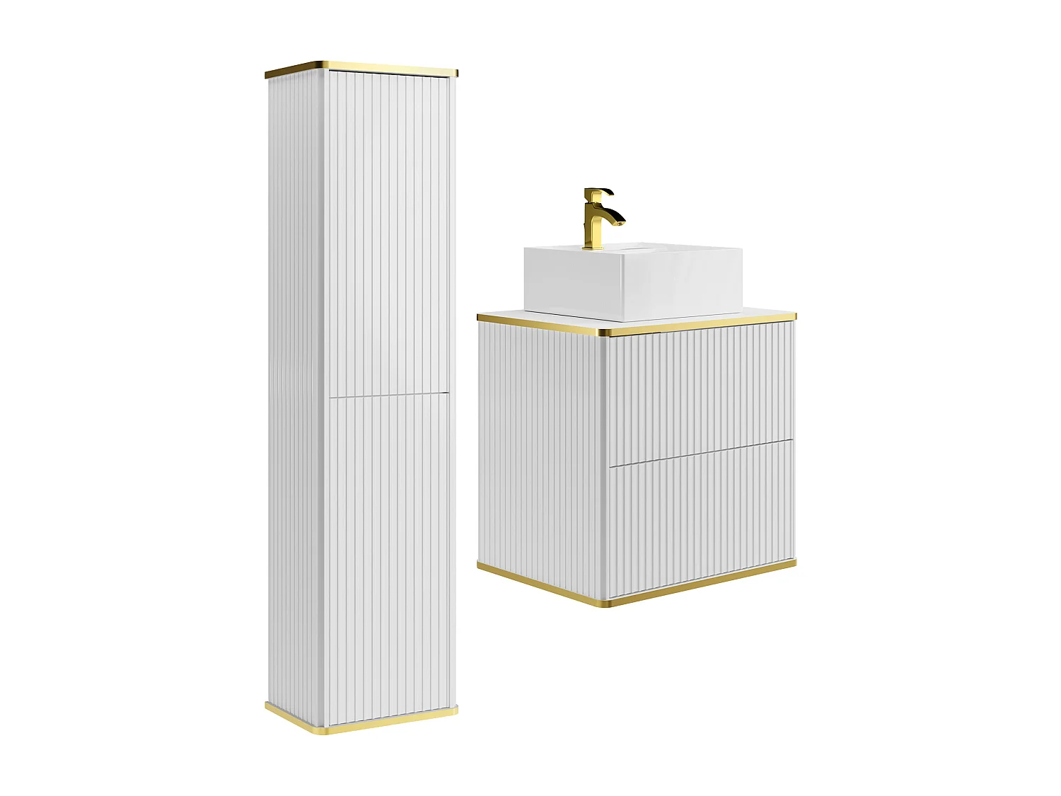 Meuble de salle de bain suspendu strié avec vasque à poser carrée et colonne - Blanc - 60 cm - KELIZA