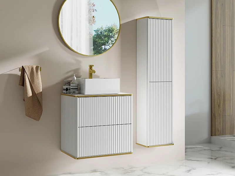Mobile bagno sospeso con scanalature con lavabo da appoggio quadrato e colonna - Bianco - 60 cm - KELIZA