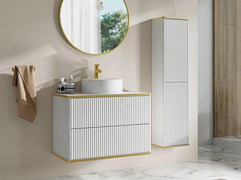 Waschbeckenunterschrank hängend mit rundem Aufsatzwaschbecken und Säule - Streifenoptik - Weiß - 80 cm - KELIZA