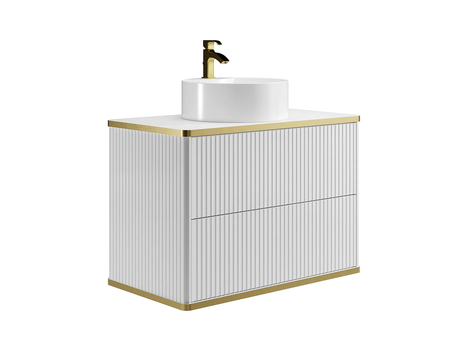 Meuble de salle de bain suspendu strié avec vasque à poser ronde et colonne - Blanc - 80 cm - KELIZA