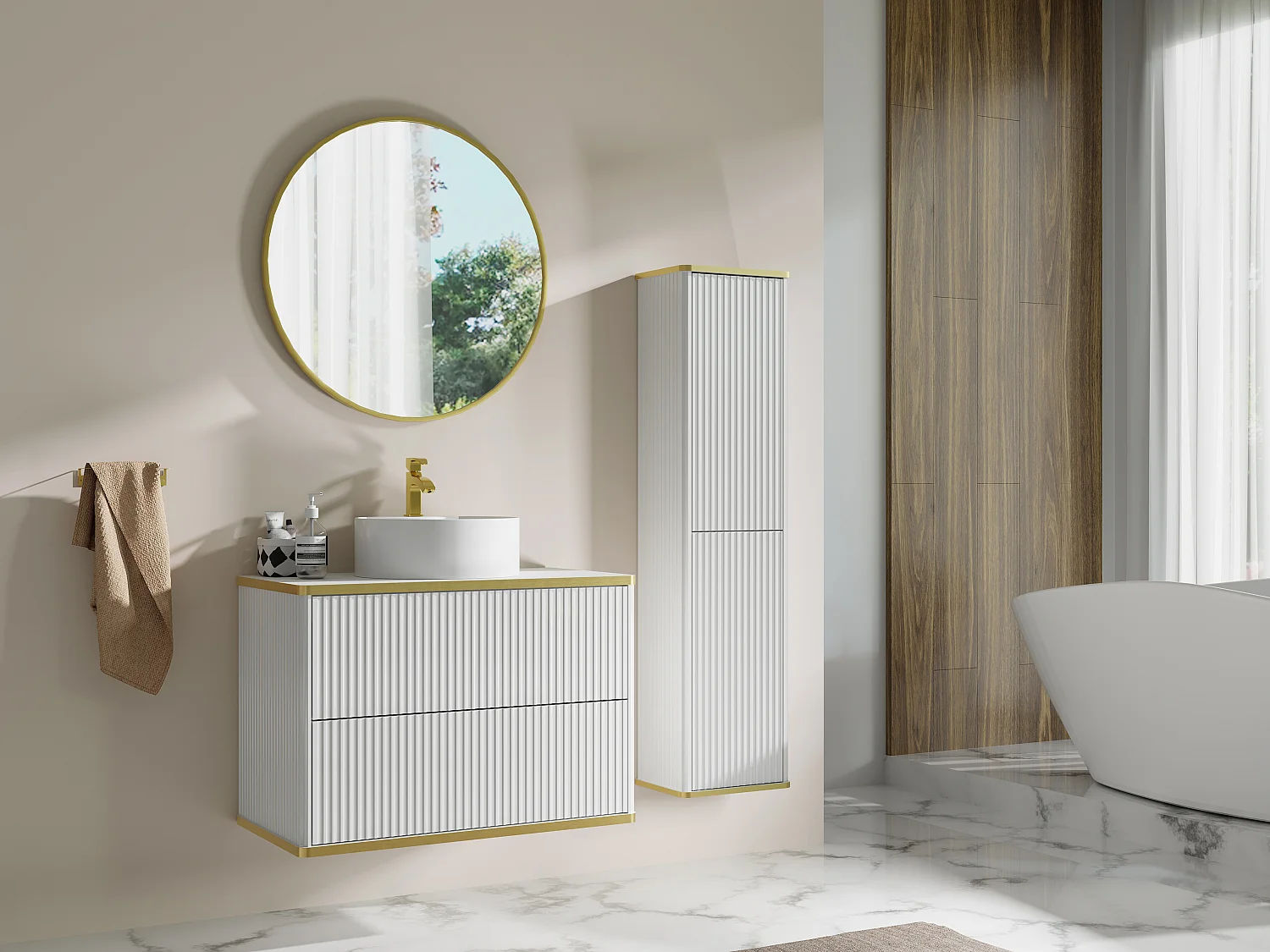 Meuble de salle de bain suspendu strié avec vasque à poser ronde et colonne - Blanc - 80 cm - KELIZA