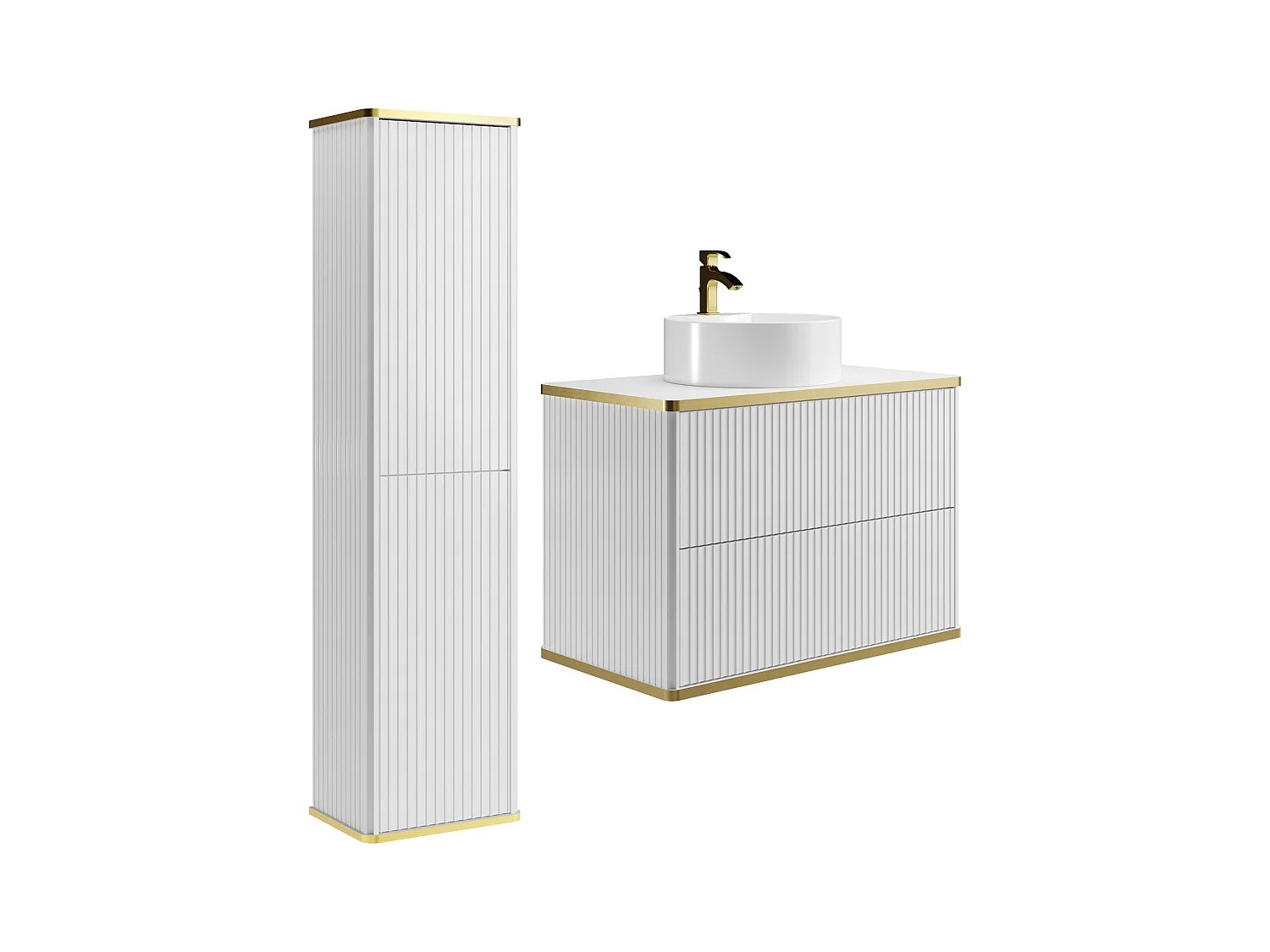 Meuble de salle de bain suspendu strié avec vasque à poser ronde et colonne - Blanc - 80 cm - KELIZA
