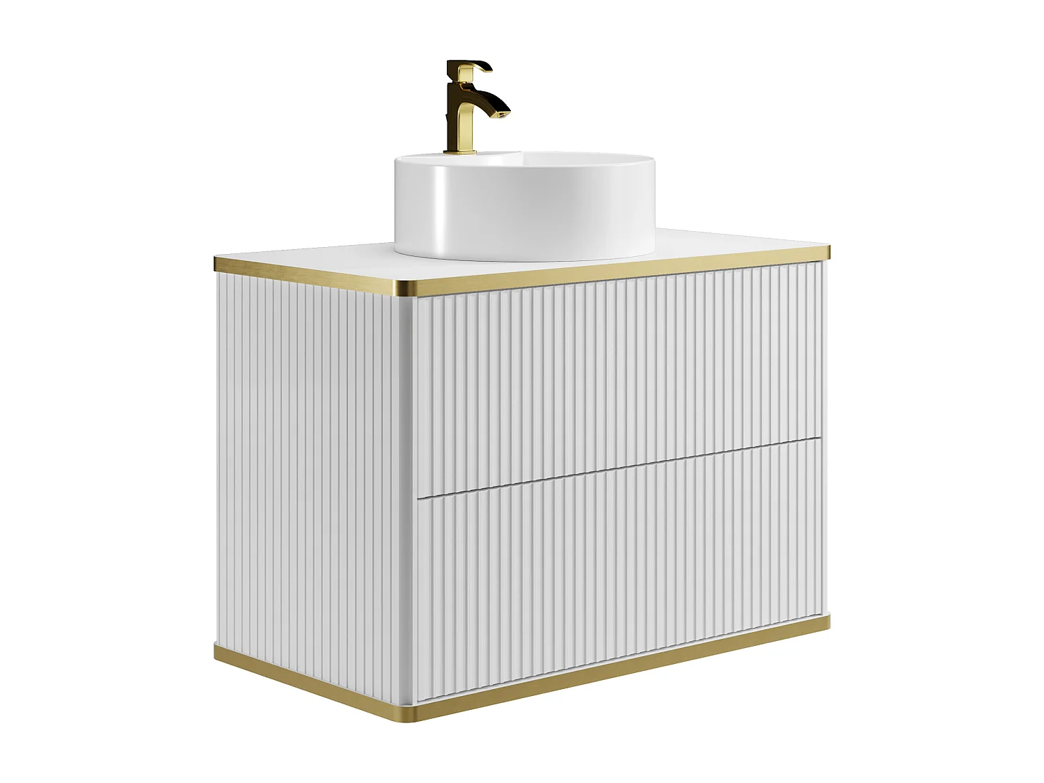 Meuble de salle de bain suspendu strié avec vasque à poser ronde et colonne - Blanc - 80 cm - KELIZA