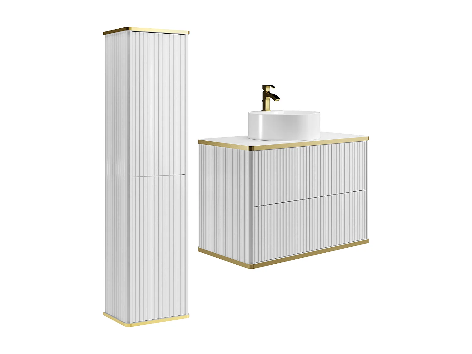 Meuble de salle de bain suspendu strié avec vasque à poser ronde et colonne - Blanc - 80 cm - KELIZA