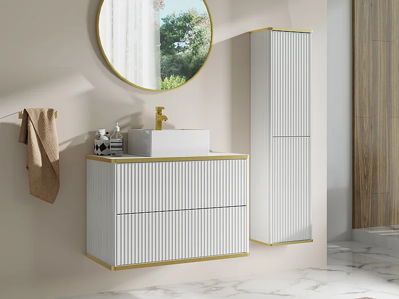 Móvel de casa de banho suspenso estriado com lavatório de pousar quadrado e coluna - Branco - 80 cm - KELIZA