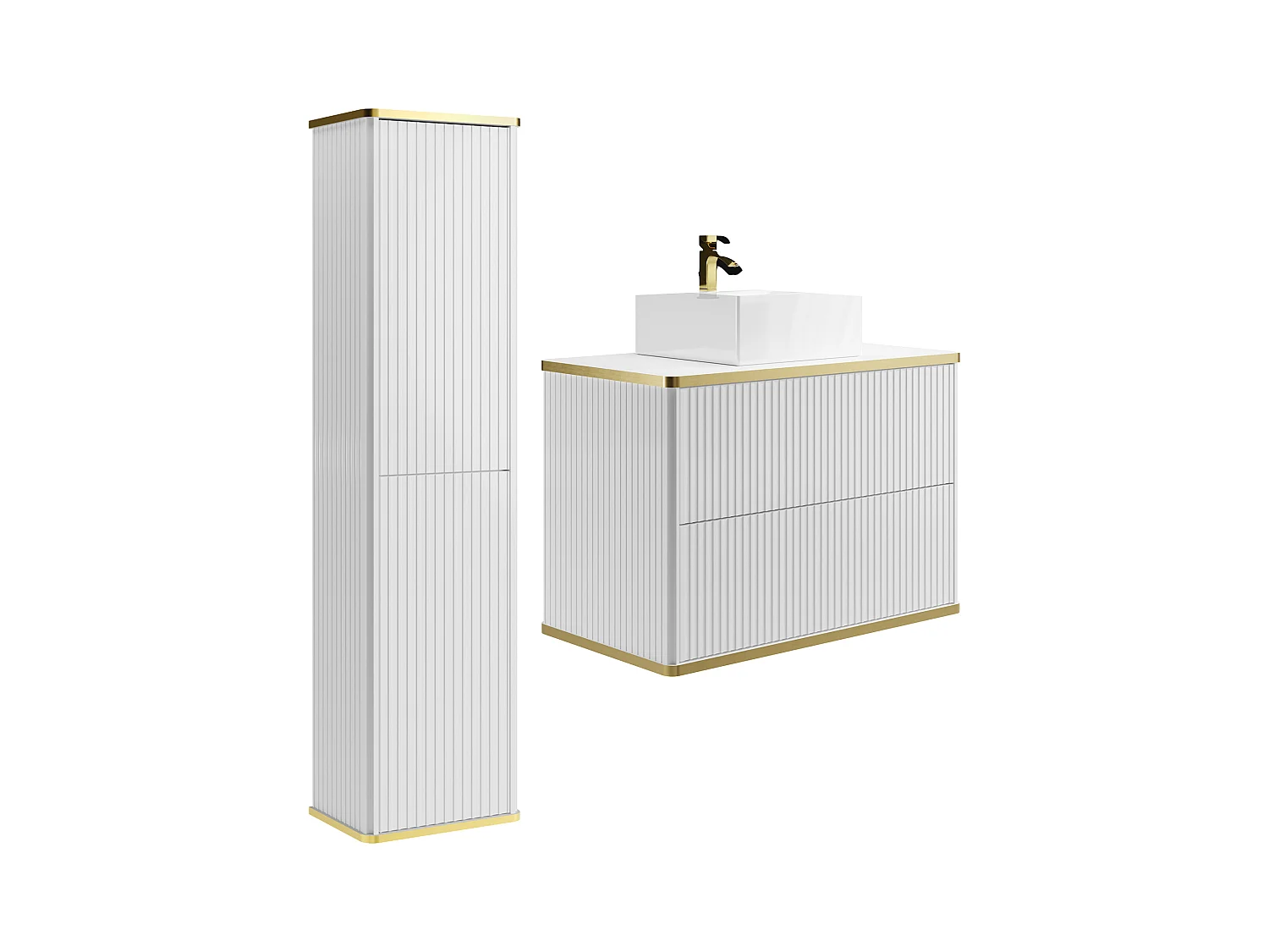 Meuble de salle de bain suspendu strié avec vasque à poser carrée et colonne - Blanc - 80 cm - KELIZA