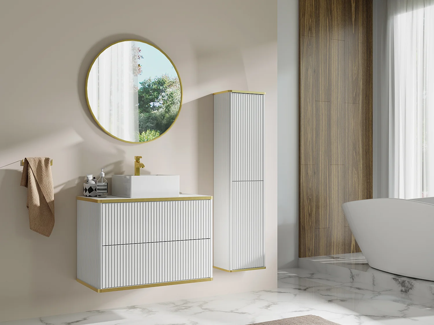 Meuble de salle de bain suspendu strié avec vasque à poser carrée et colonne - Blanc - 80 cm - KELIZA