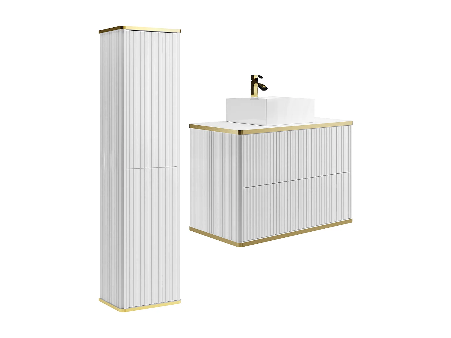 Meuble de salle de bain suspendu strié avec vasque à poser carrée et colonne - Blanc - 80 cm - KELIZA