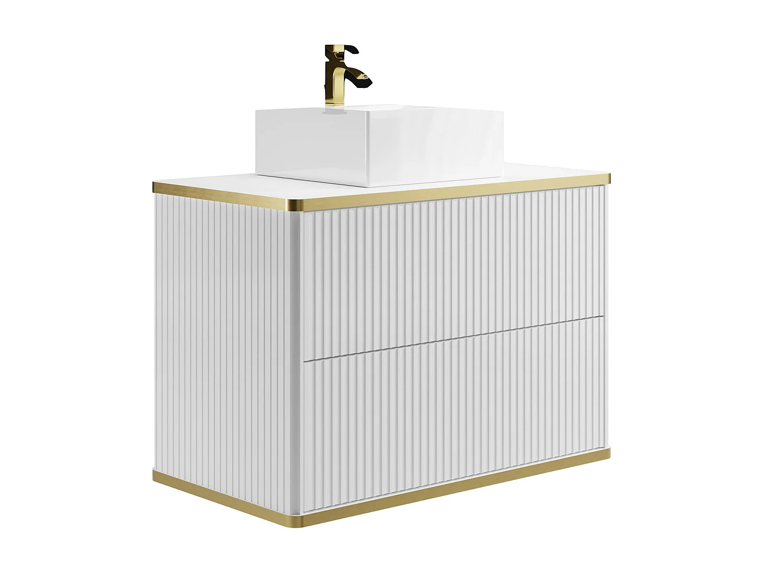 Meuble de salle de bain suspendu strié avec vasque à poser carrée et colonne - Blanc - 80 cm - KELIZA