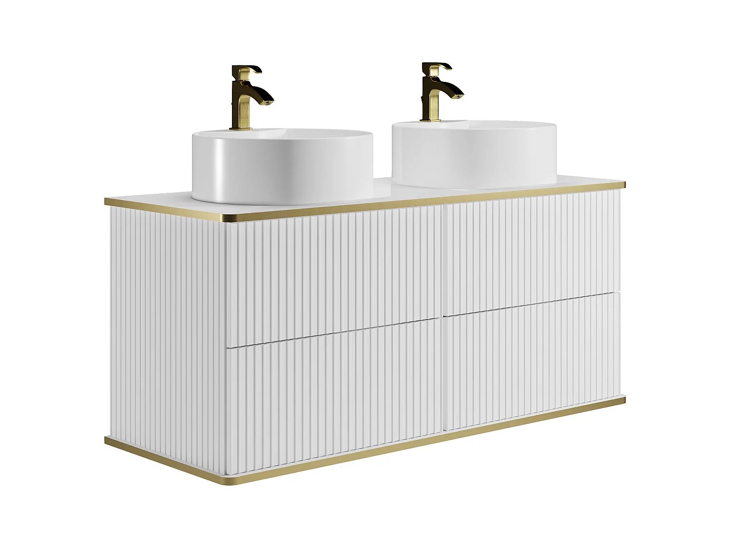 Meuble de salle de bain suspendu strié avec double vasque à poser ronde et colonne - Blanc - 120 cm - KELIZA