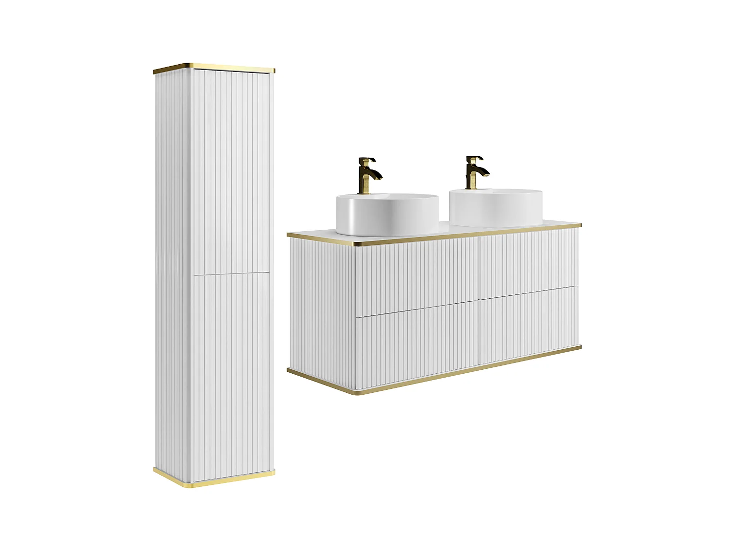 Meuble de salle de bain suspendu strié avec double vasque à poser ronde et colonne - Blanc - 120 cm - KELIZA