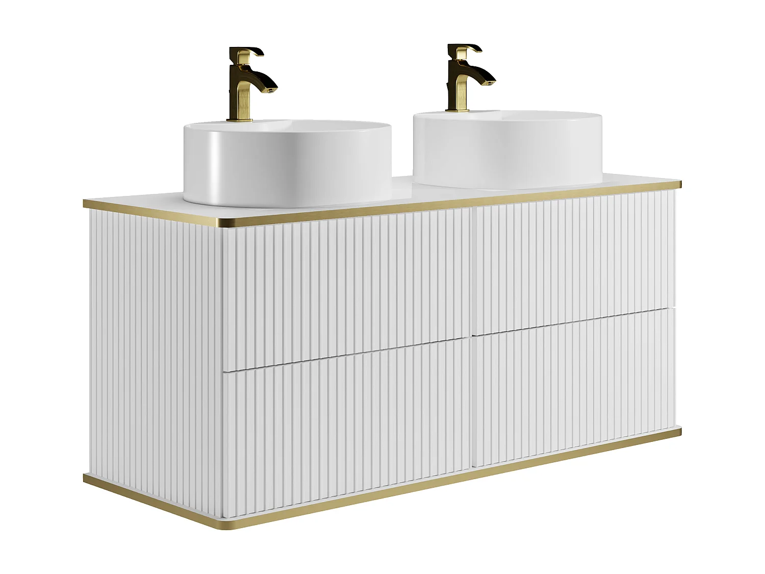 Meuble de salle de bain suspendu strié avec double vasque à poser ronde et colonne - Blanc - 120 cm - KELIZA