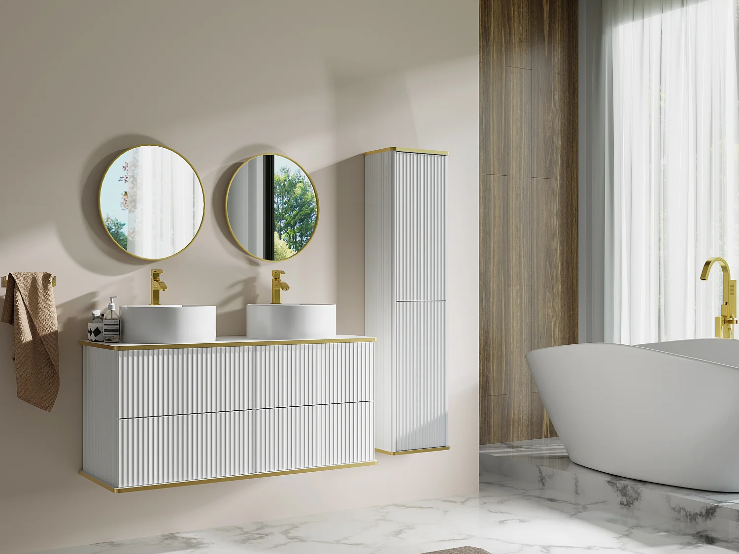 Meuble de salle de bain suspendu strié avec double vasque à poser ronde et colonne - Blanc - 120 cm - KELIZA