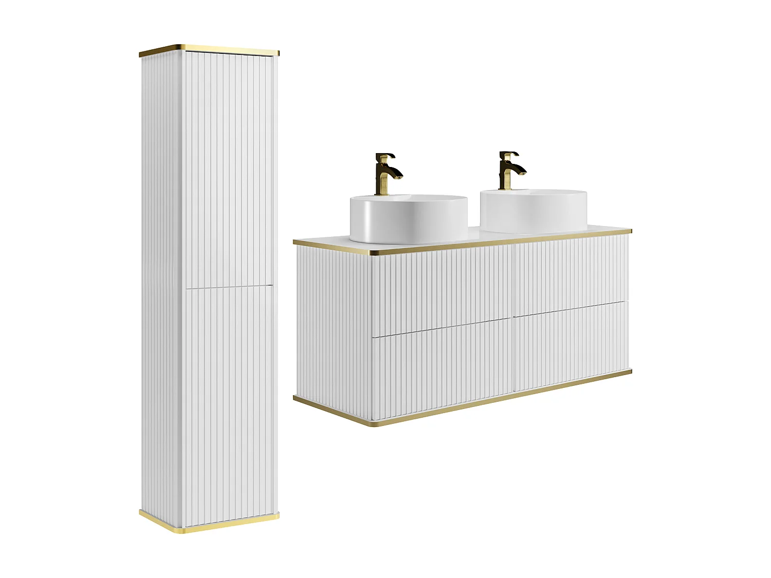 Meuble de salle de bain suspendu strié avec double vasque à poser ronde et colonne - Blanc - 120 cm - KELIZA