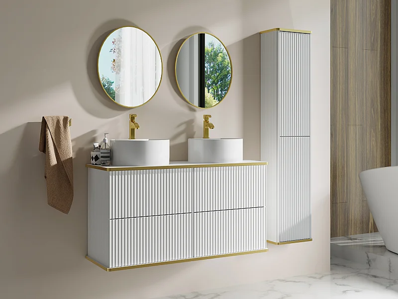 Mobile bagno sospeso con scanalature con doppio lavabo d'appoggio tondo e colonna - Bianco - 120 cm - KELIZA