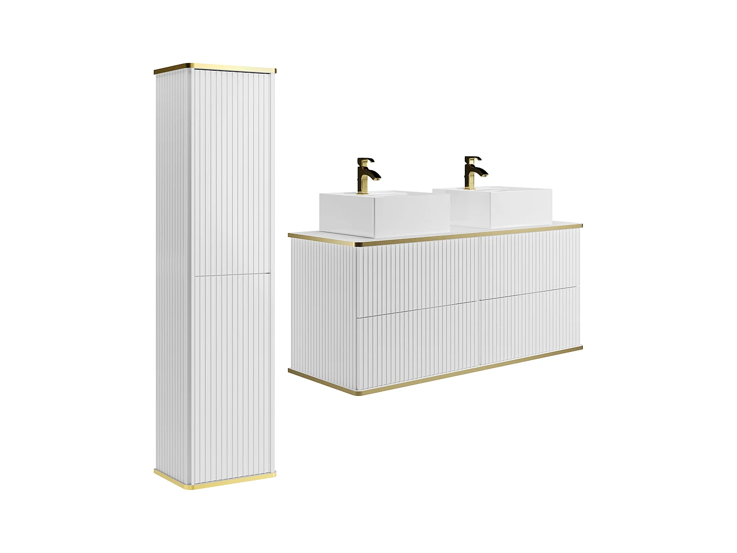 Meuble de salle de bain suspendu strié avec double vasque à poser carrée et colonne - Blanc - 120 cm - KELIZA
