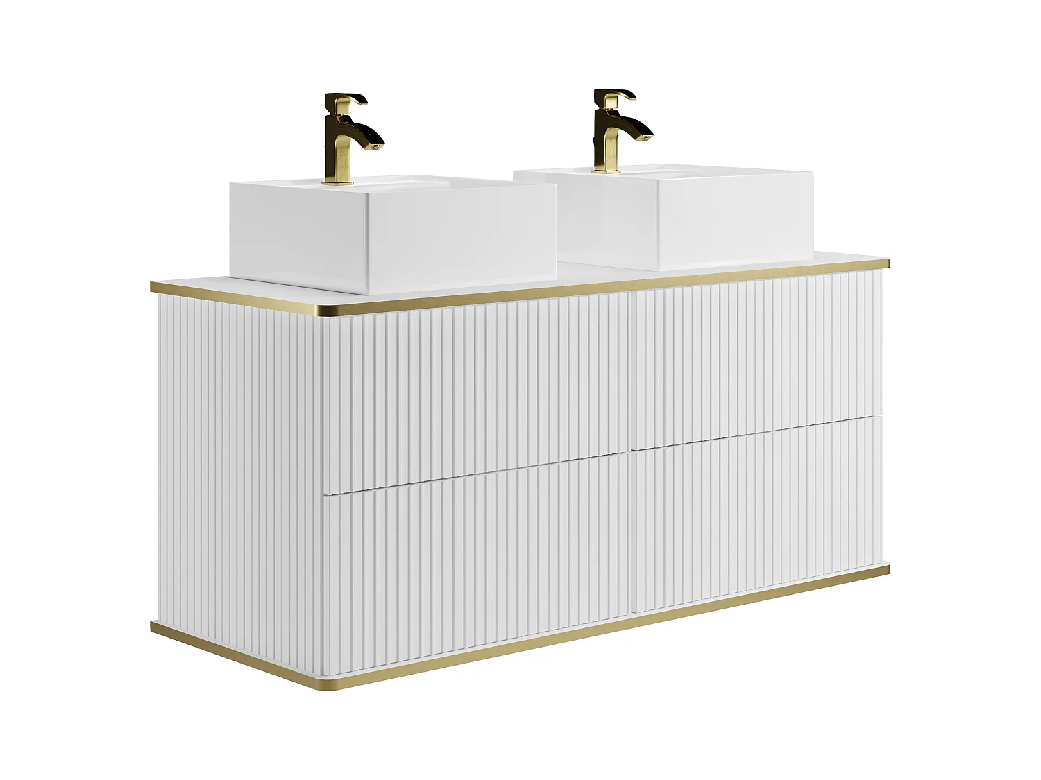 Meuble de salle de bain suspendu strié avec double vasque à poser carrée et colonne - Blanc - 120 cm - KELIZA